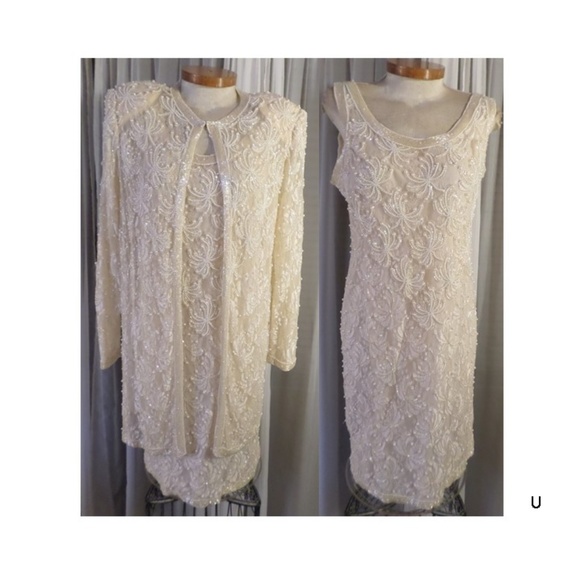 Lady XL Cream Formal Dress Jacket Set Bead Sequin - Picture 1 of 8